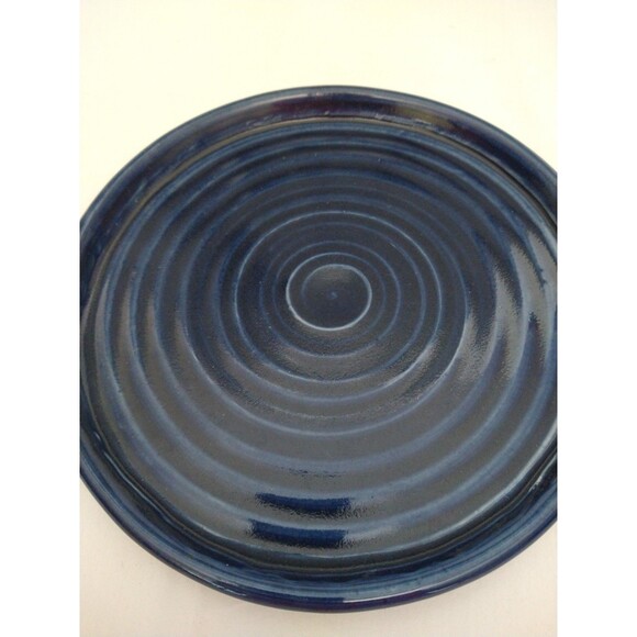 Handmade Signed Art Pottery Plate Dish Blue Swirl Rings Round Plant Drainage - Picture 2 of 8